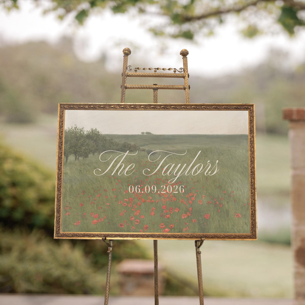 Custom wedding sign with vintage poppy field landscape, personalized last name and date, in an ornate gold frame