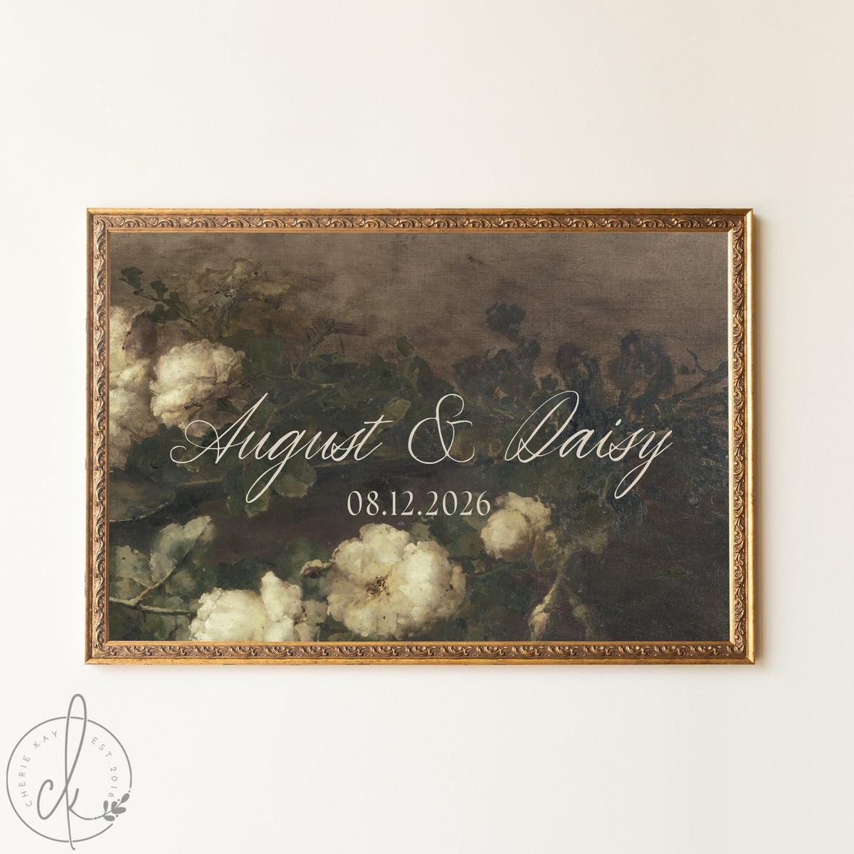 Wedding Last Name Sign | Moody Floral Print, Gold Frame | Custom Welcome Sign | N157