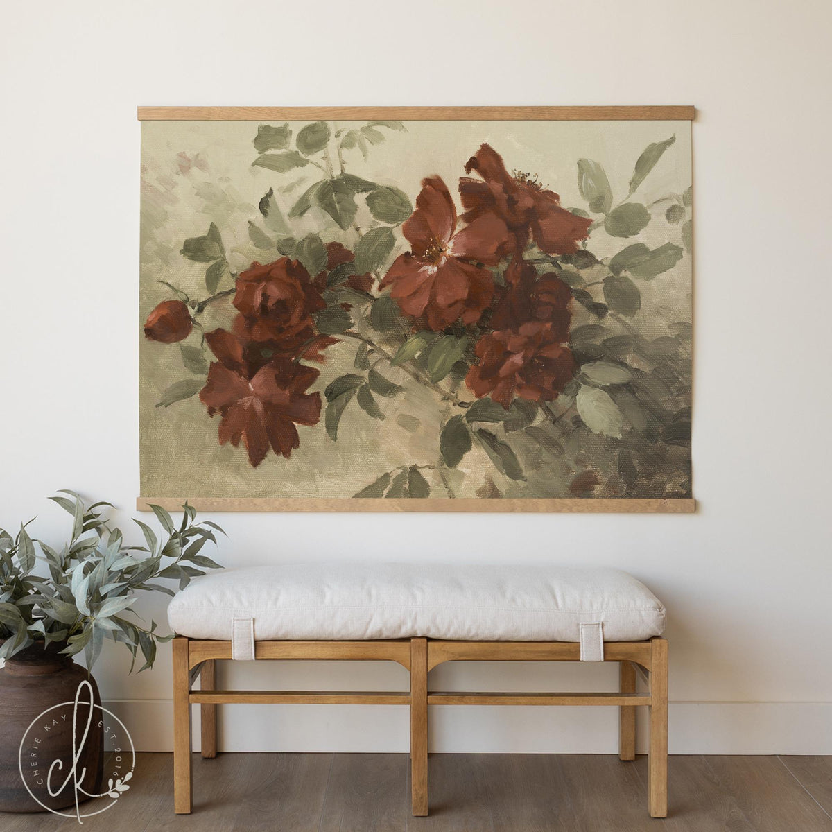 Dark Floral Wall Art | Large Canvas Tapestry | Moody Burgundy Flower Painting | T126