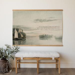 Sailboat Canvas Art | Romans 8:28 Vintage Watercolor Wall Tapestry | Large Christian Lake Banner | T134