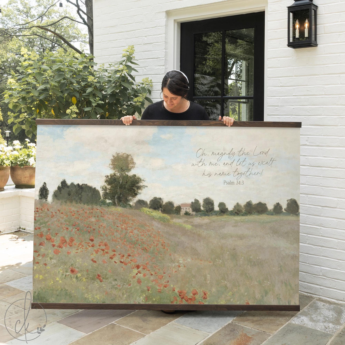 Claude Monet poppy field canvas tapestry with Psalm 34:3 scripture verse in natural wood frame