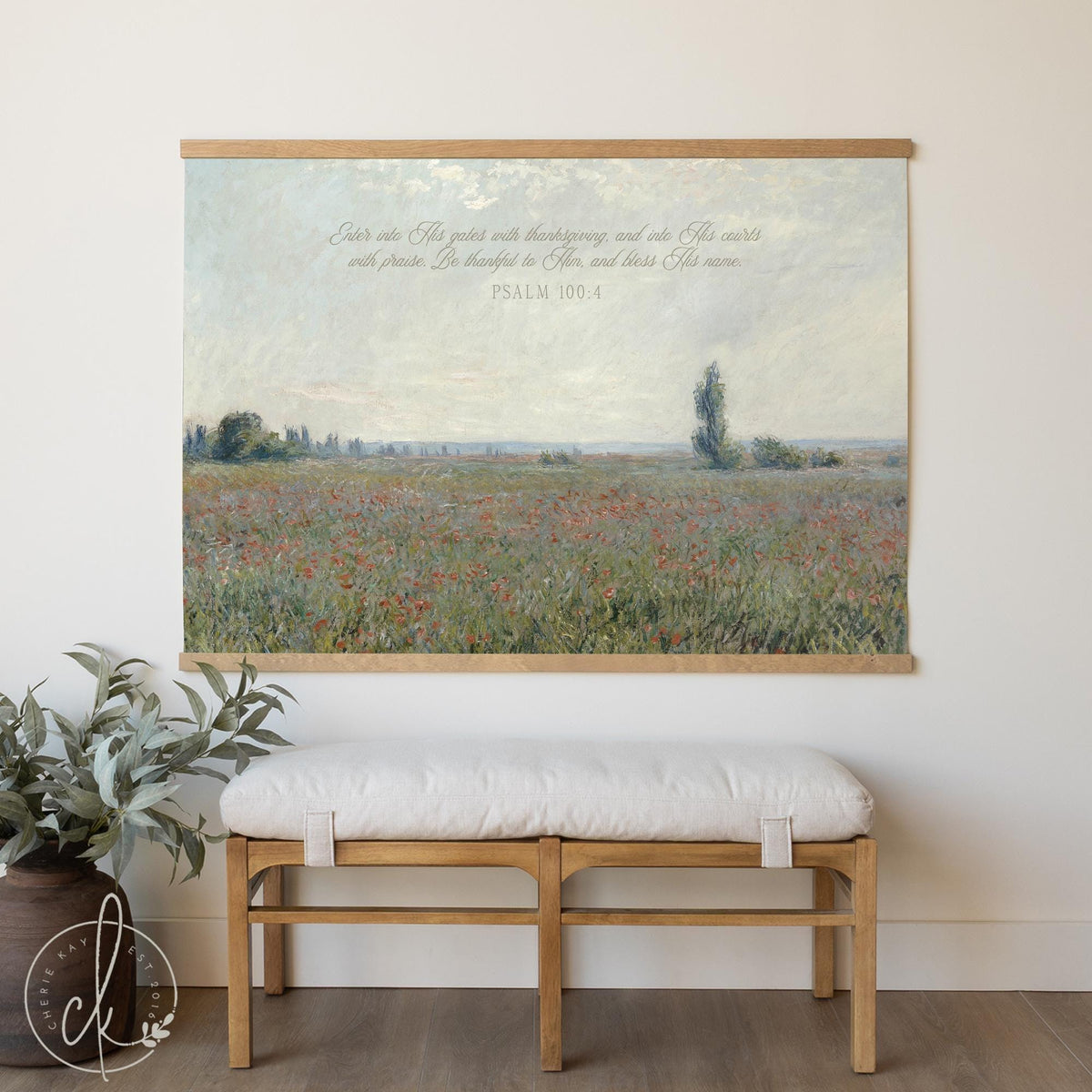 Scripture Wall Hanging | Claude Monet's Poppy Field Canvas Tapestry | Psalm 100:4 Christian Art | T136