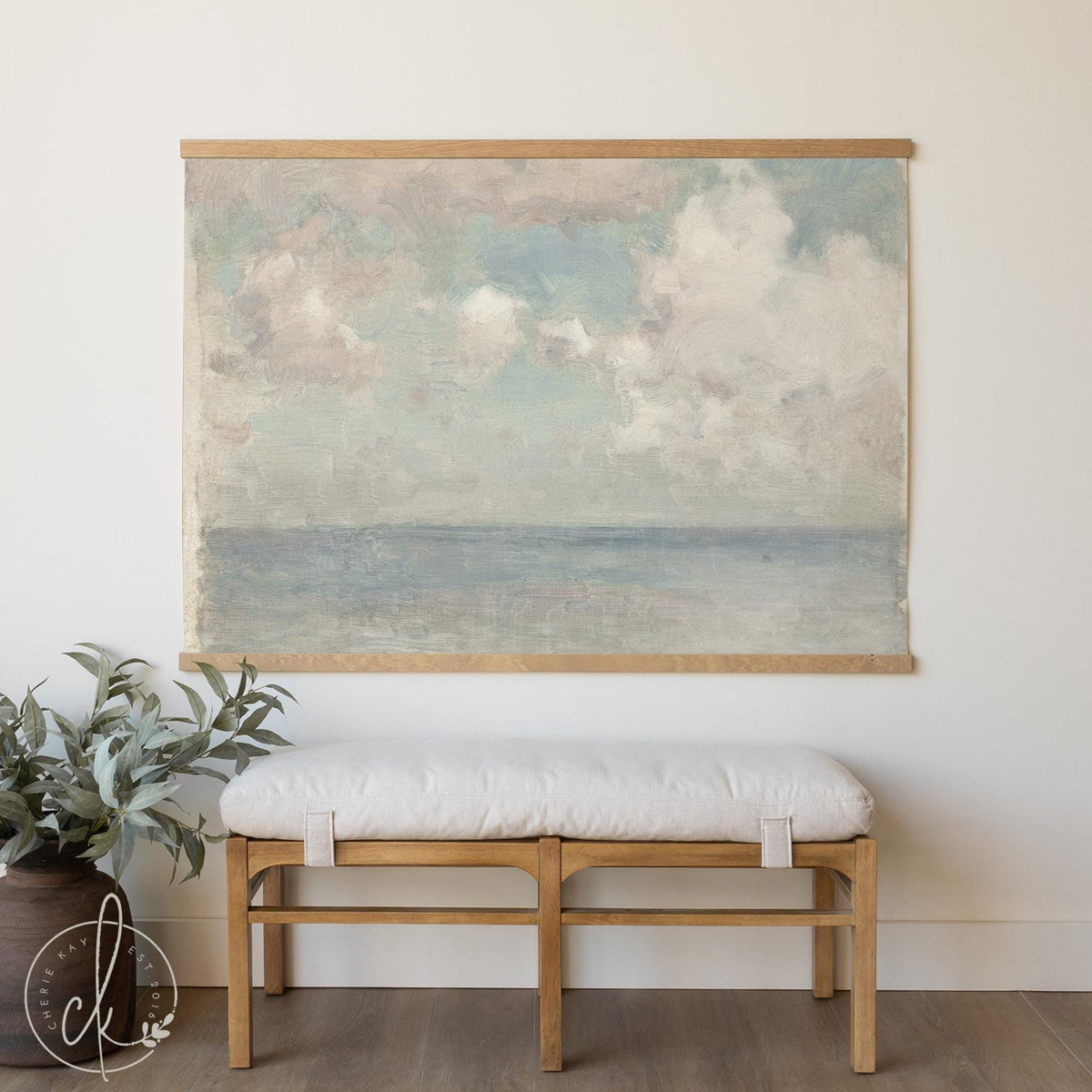 Cloudy Sky Painting | Ocean Seascape Canvas Tapestry | Vintage Coastal Wall Hanging | T128