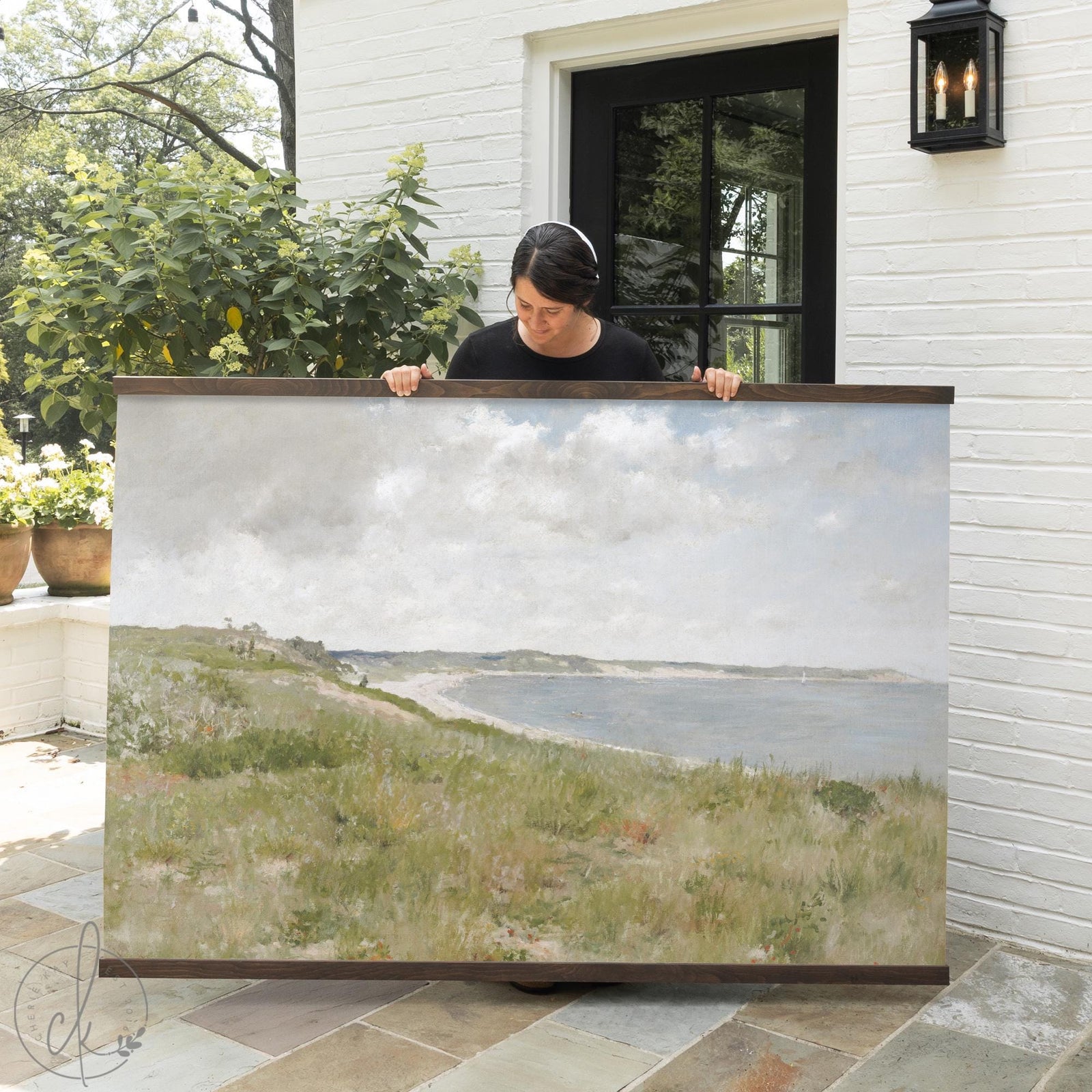 Vintage coastal art canvas banner showing a wide American Impressionist landscape with grassy dunes and a curving bay