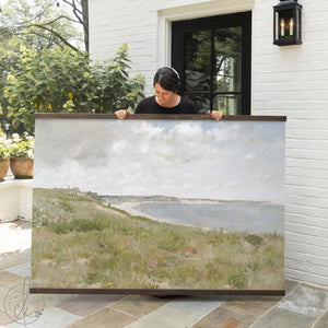 Vintage coastal art canvas banner showing a wide American Impressionist landscape with grassy dunes and a curving bay