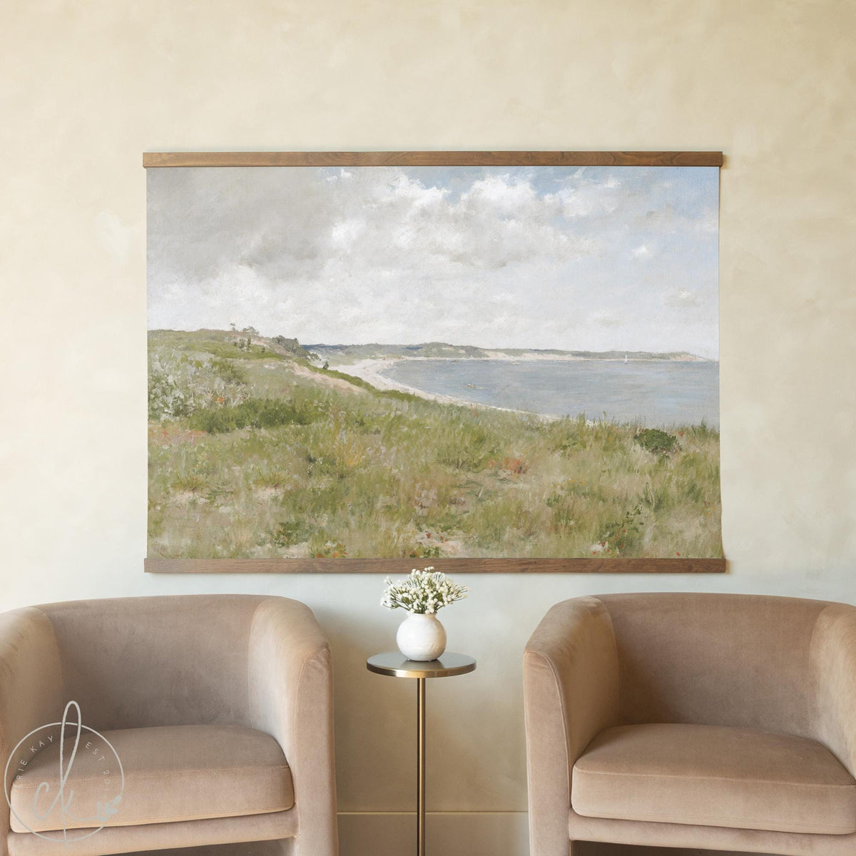 Vintage Coastal Art Canvas Banner | Above Couch Wall Decor | Large Horizontal Beach Landscape | T129