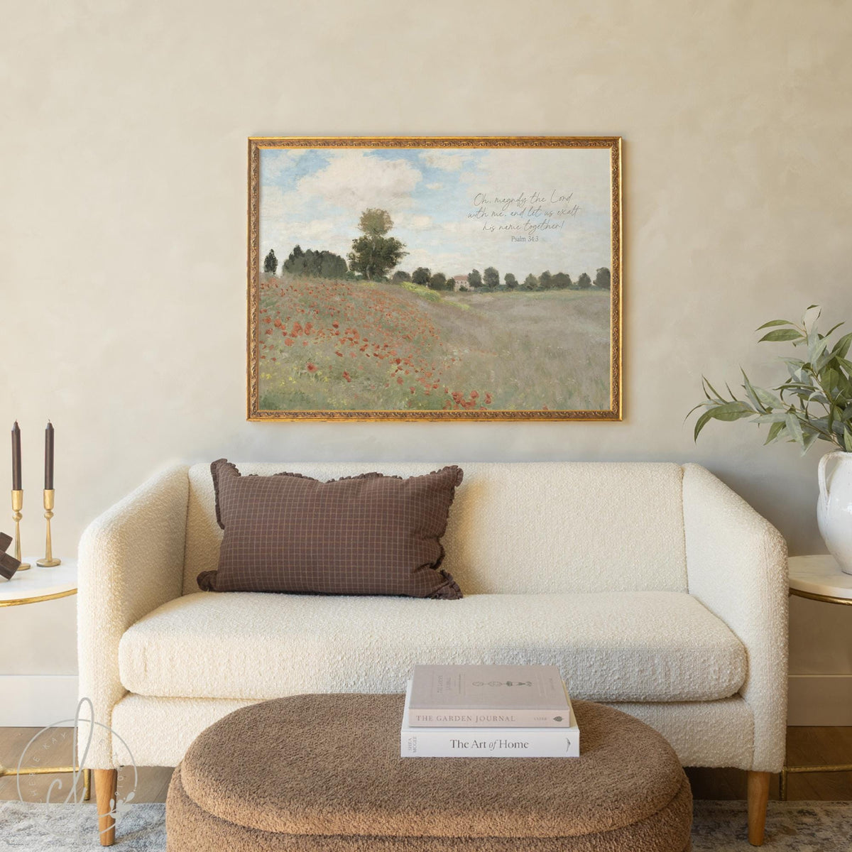 Framed Christian Art | Monet Poppy Field Canvas Print | Psalm 34:3 Scripture Wall Decor | N58
