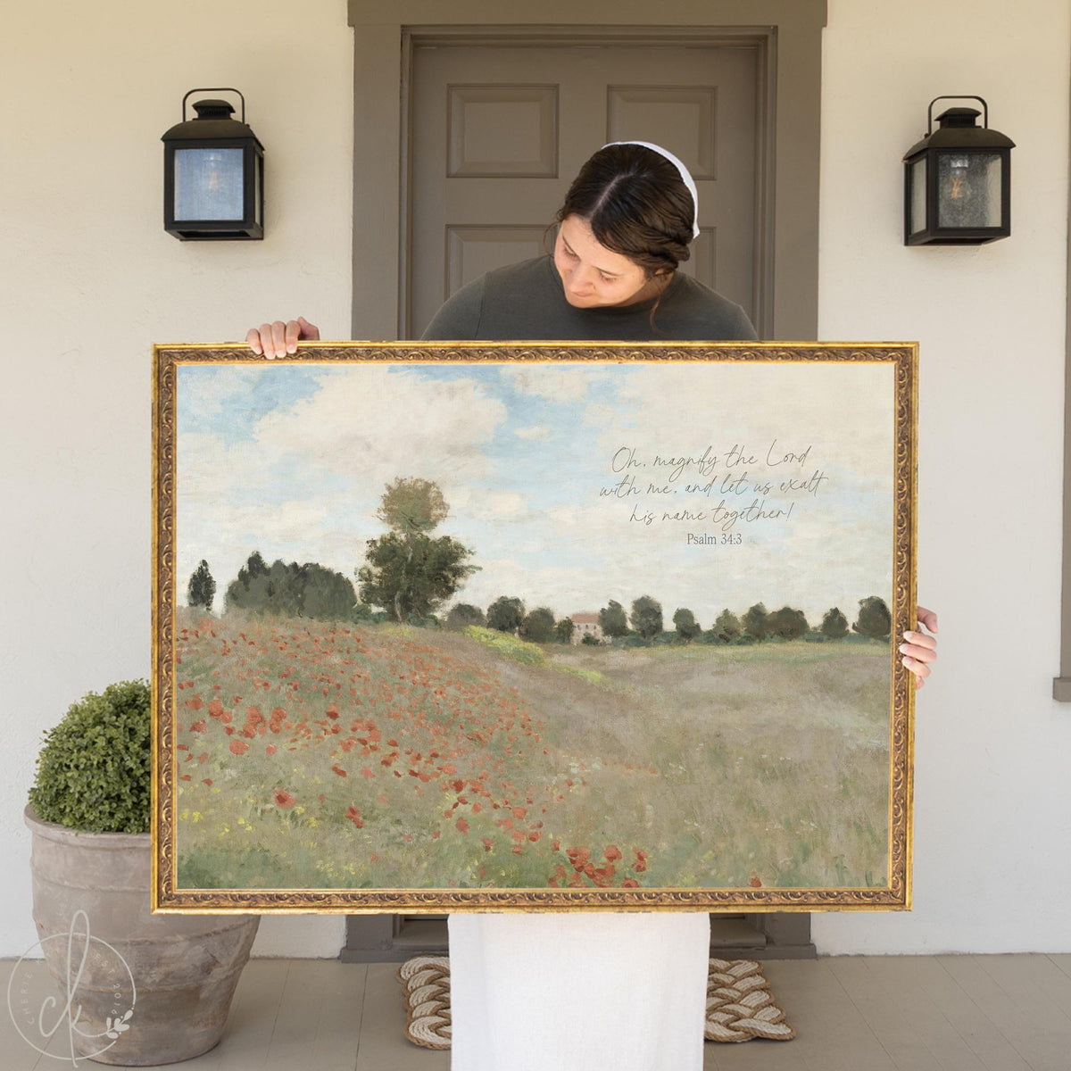 Framed christian art featuring Claude Monet's poppy field painting with Psalm 34:3 verse in an ornate gold frame.