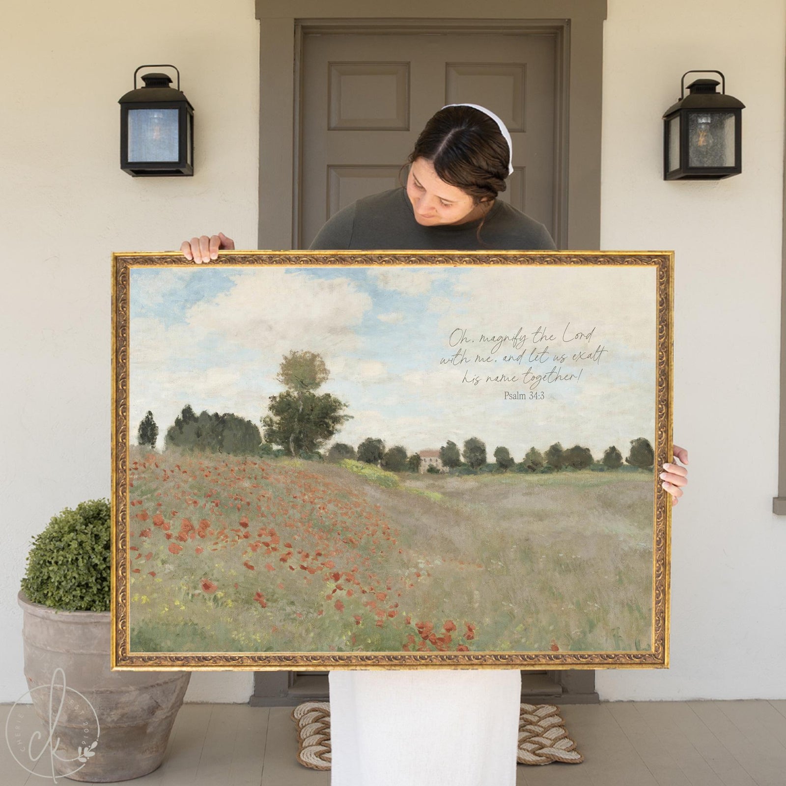 Framed christian art featuring Claude Monet's poppy field painting with Psalm 34:3 verse in an ornate gold frame.