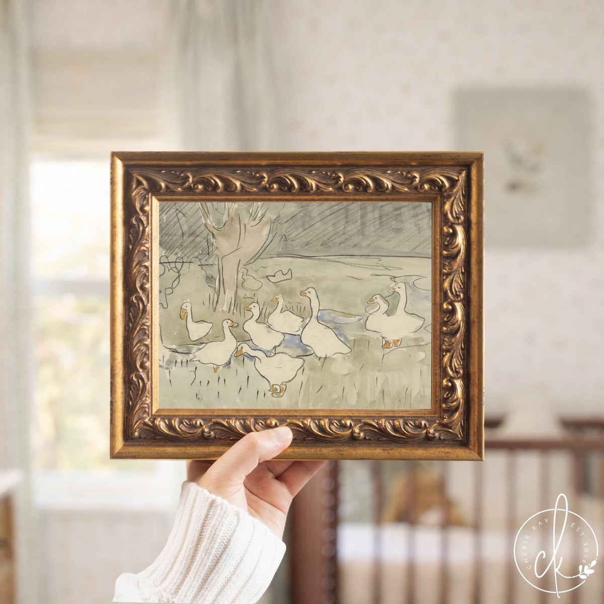 Goose Nursery Decor | Vintage Geese Wall Art in Gold Frame | Neutral Canvas Print for Baby or Kids Room | N226