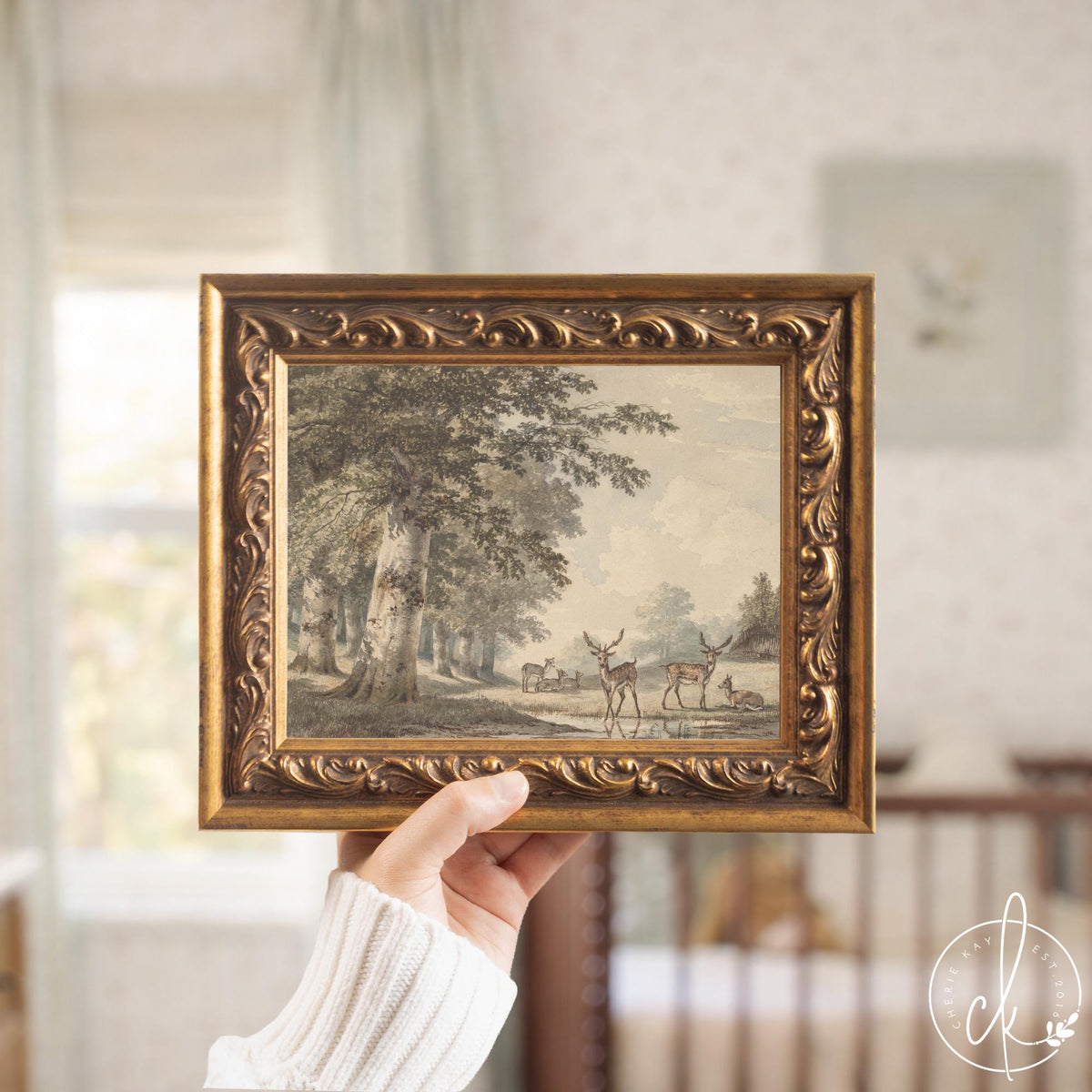 Vintage Deer Artwork | Woodland Nursery Wall Decor Above Crib | Gold Framed Canvas Print for Baby Boy Room | N63
