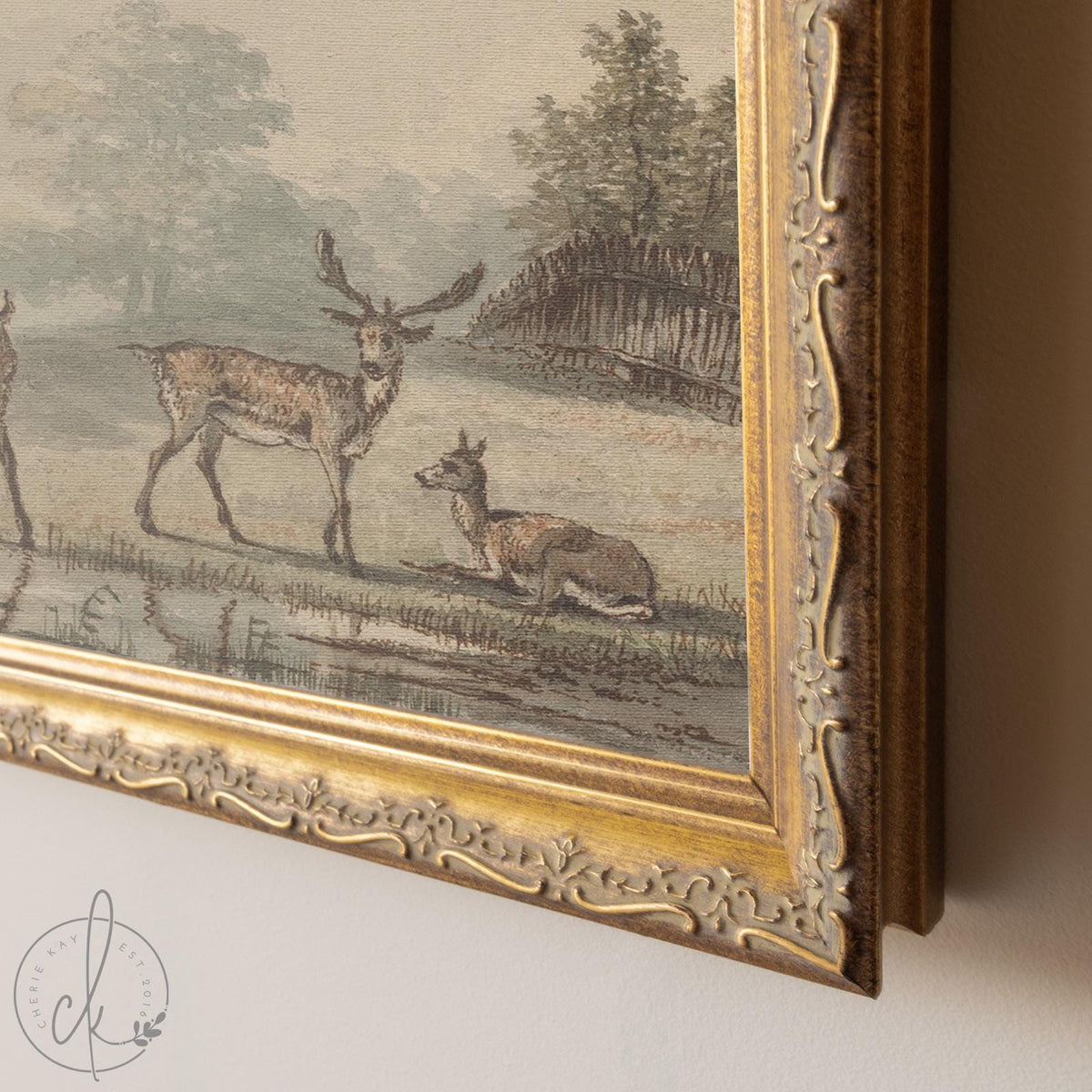 Vintage Deer Artwork | Woodland Nursery Wall Decor Above Crib | Gold Framed Canvas Print for Baby Boy Room | N63