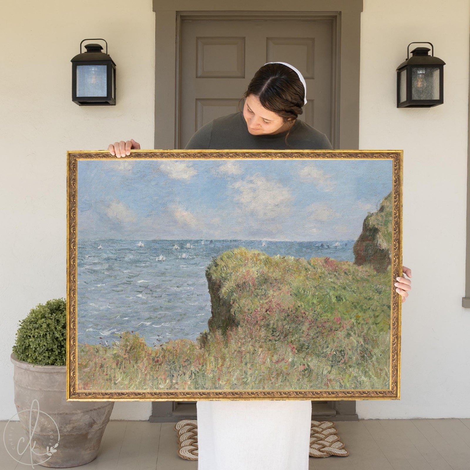Monet Cliff Walk at Pourville seascape wall art in ornate gold frame with coastal cliffs and ocean