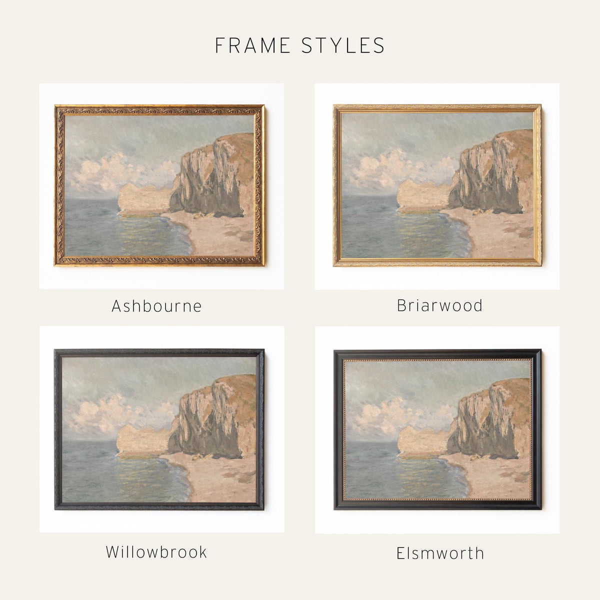Monet Beach Painting | Etretat Cliff Framed Print | Gold Coastal Wall Art | N246