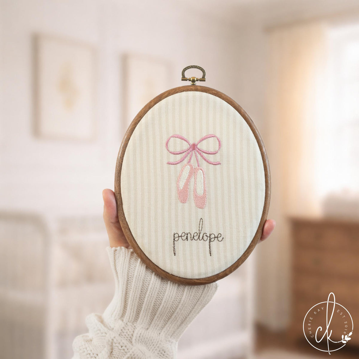 Ballerina nursery decor embroidery hoop with pink ballet slippers and personalized name on cream striped fabric