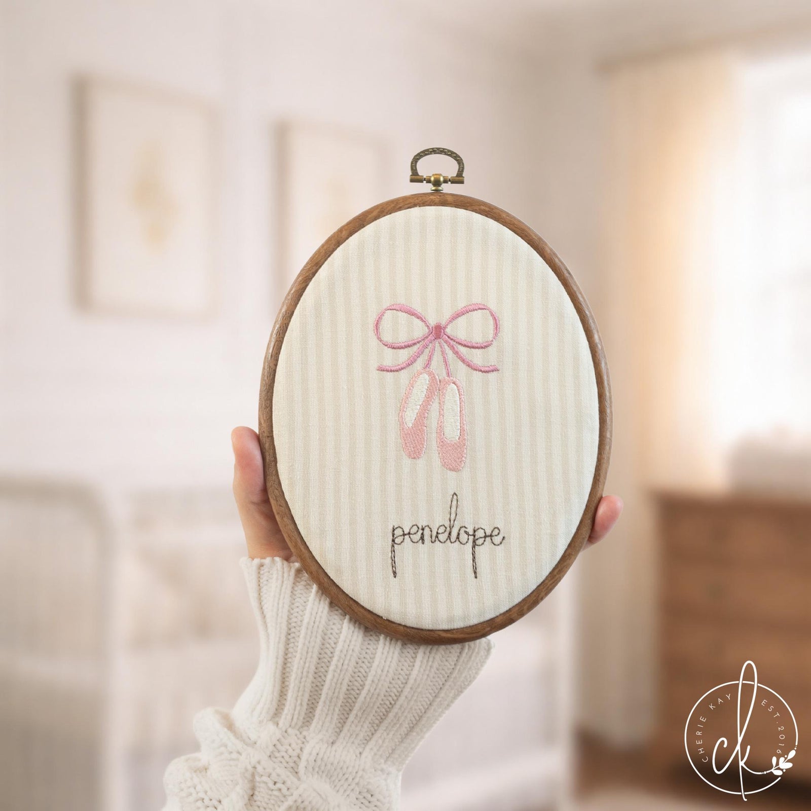 Ballerina nursery decor embroidery hoop with pink ballet slippers and personalized name on cream striped fabric