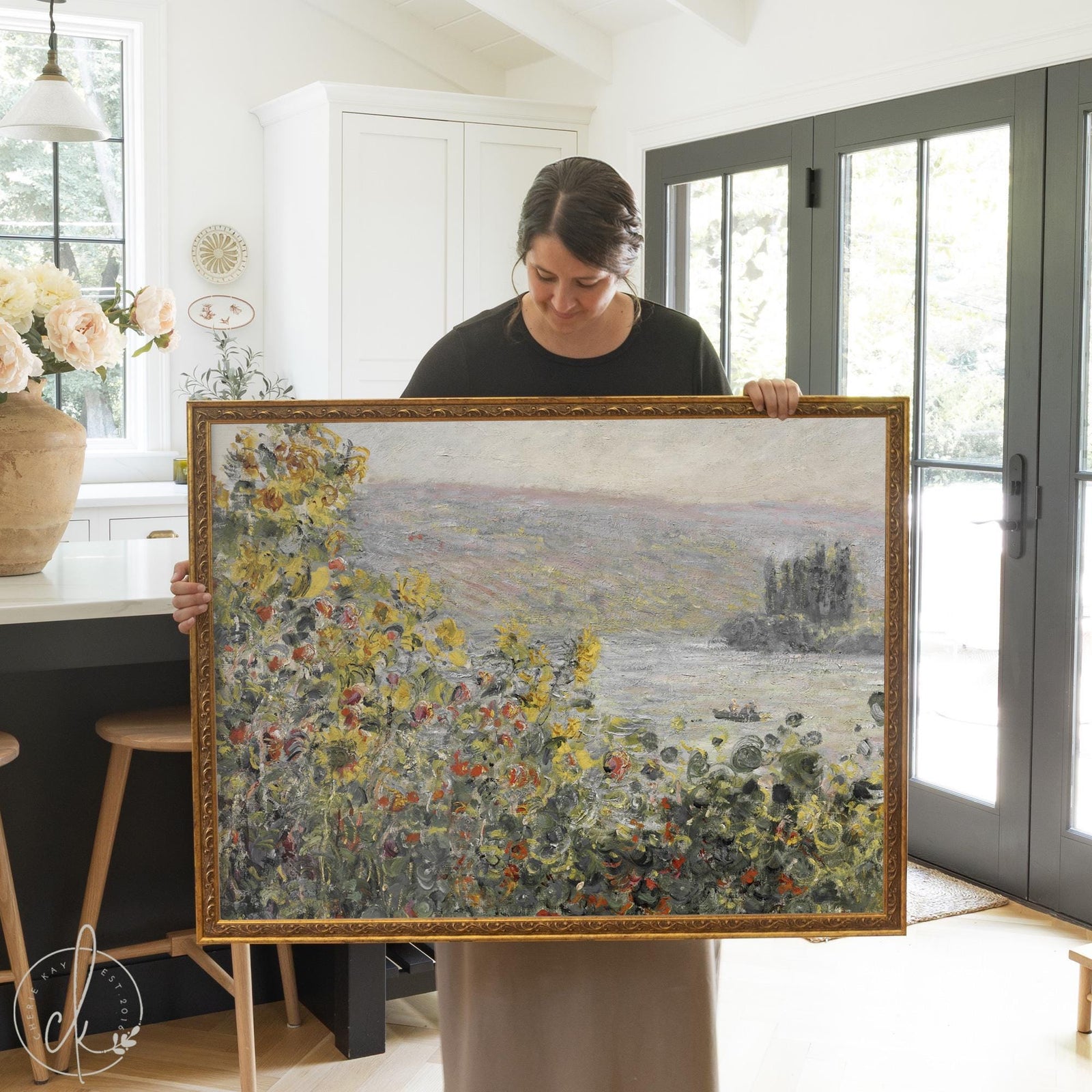 Flower Beds at Vetheuil by Claude Monet framed print in ornate gold frame with flowers and river landscape