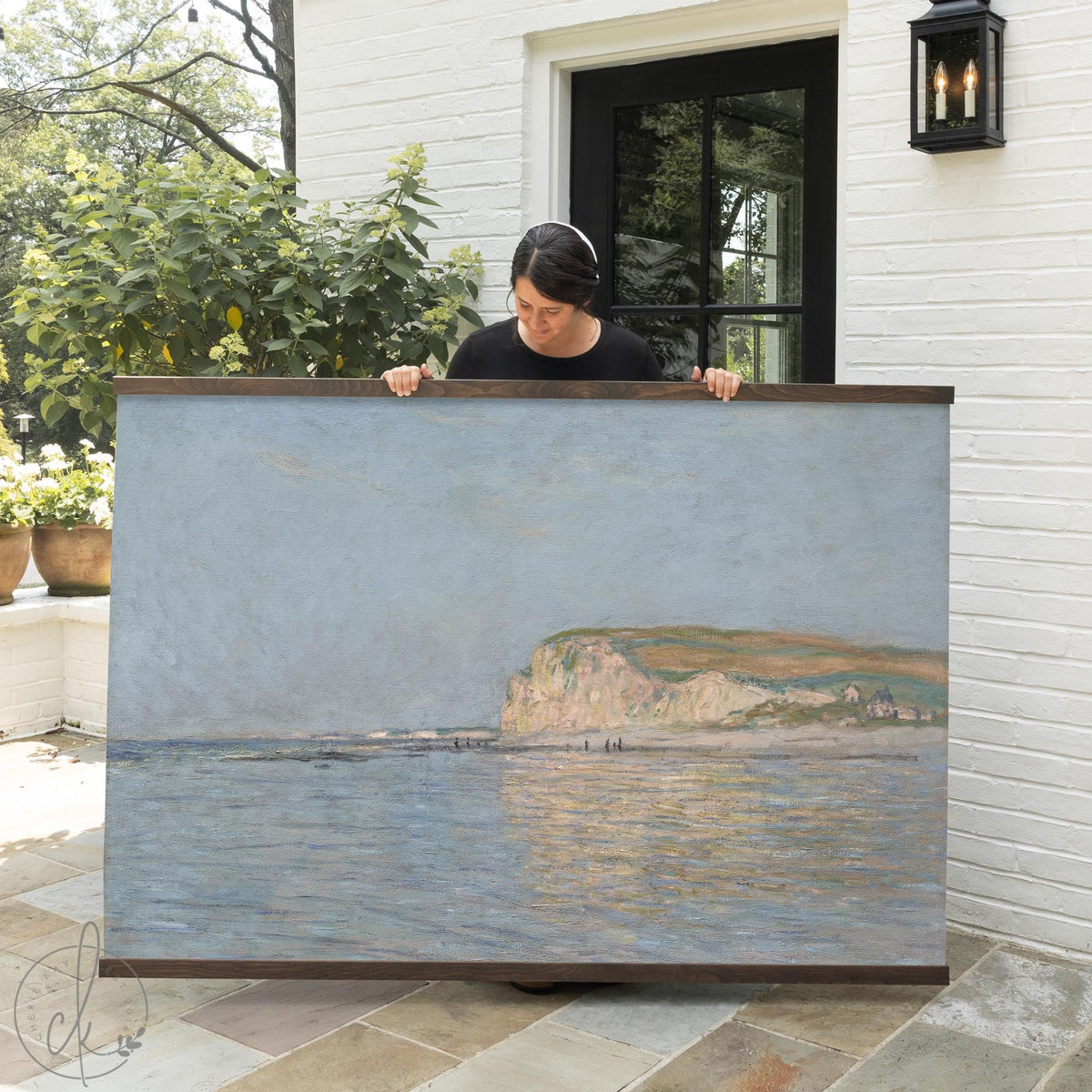Coastal wall hanging canvas banner featuring Low Tide at Pourville by Claude Monet with natural wood frame