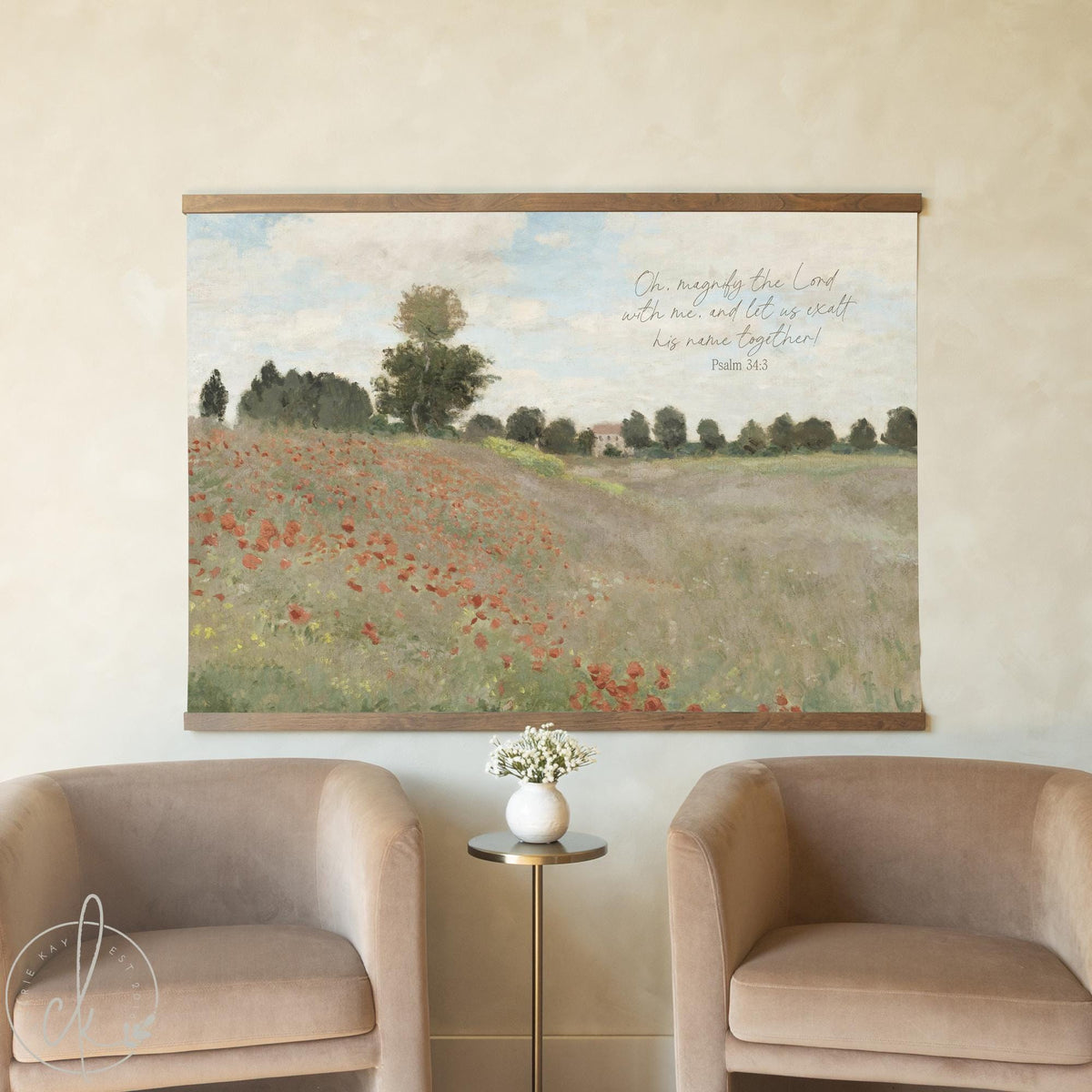 Monet Poppy Field Canvas Tapestry | Psalm 34:3 Scripture Wall Art | Christian Home Decor | T135