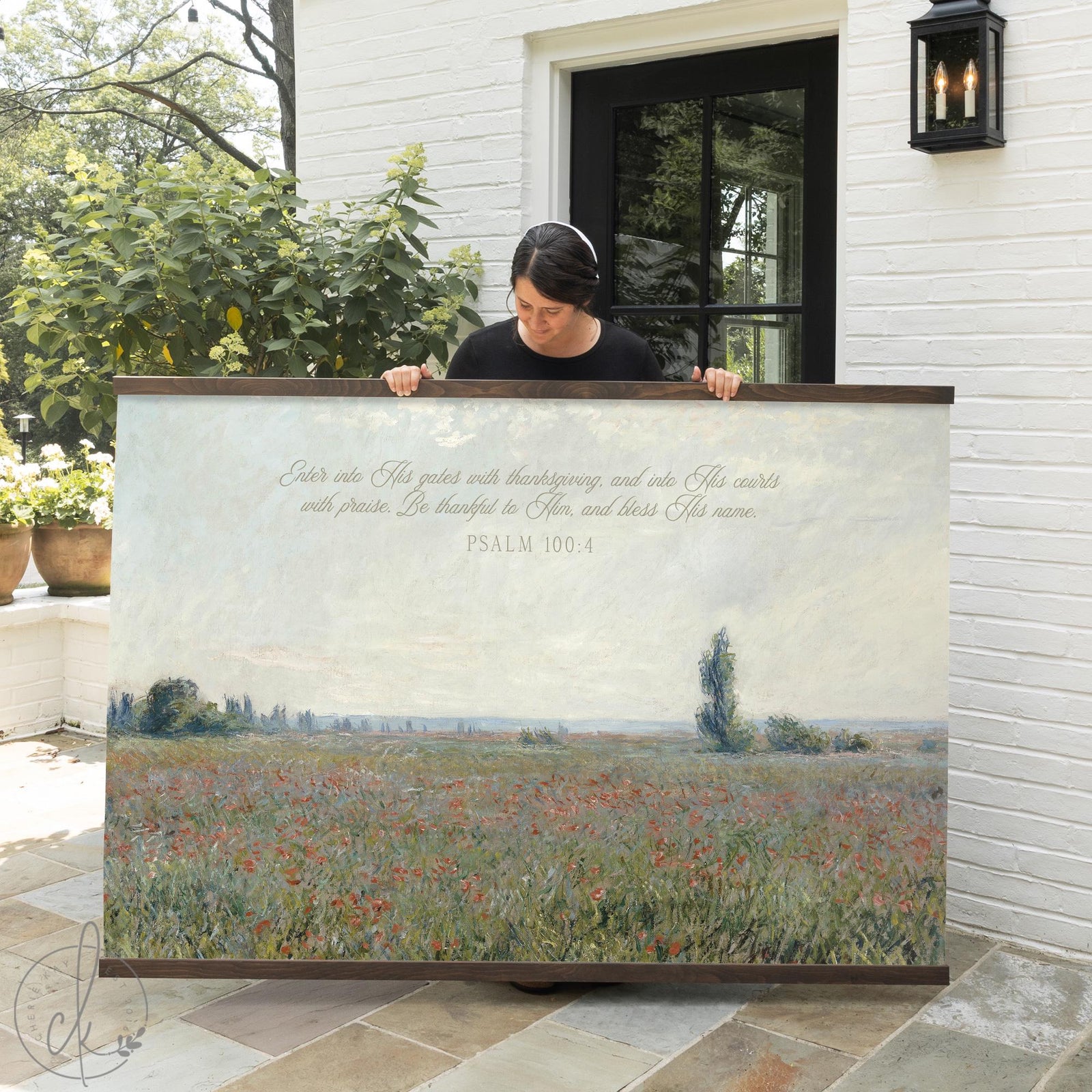 Large scripture wall hanging canvas tapestry featuring Claude Monet's poppy field landscape with Psalm 100:4 in a natural wood frame