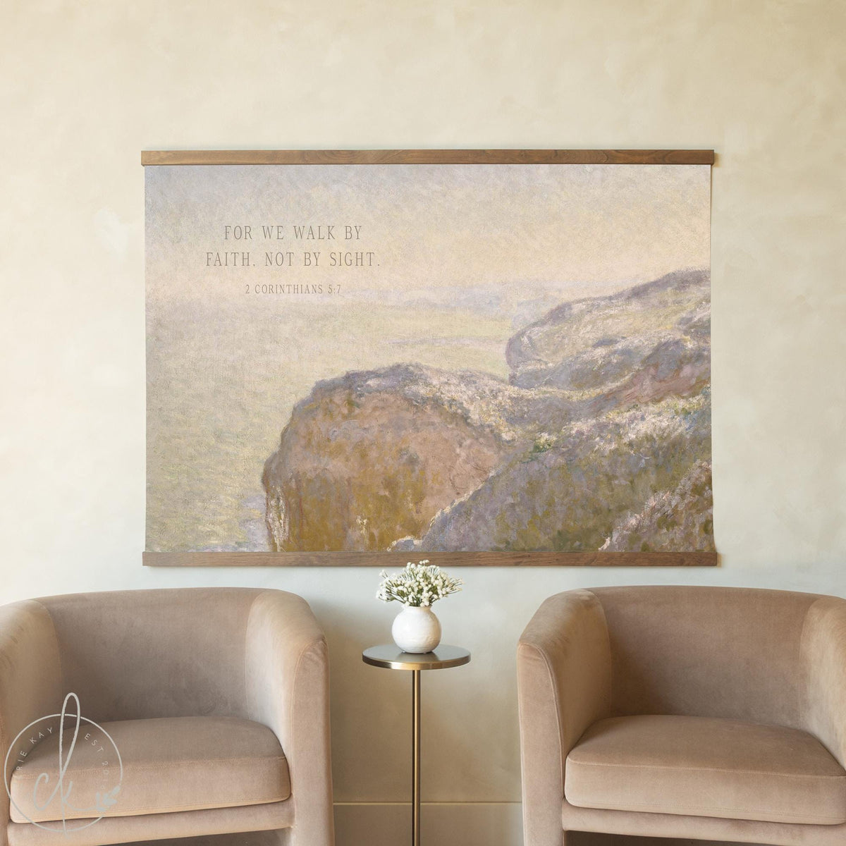 Monet Cliff Painting | 2 Corinthians 5:7 Scripture Canvas Tapestry | Christian Wall Art | T137