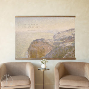Monet Cliff Painting | 2 Corinthians 5:7 Scripture Canvas Tapestry | Christian Wall Art | T137