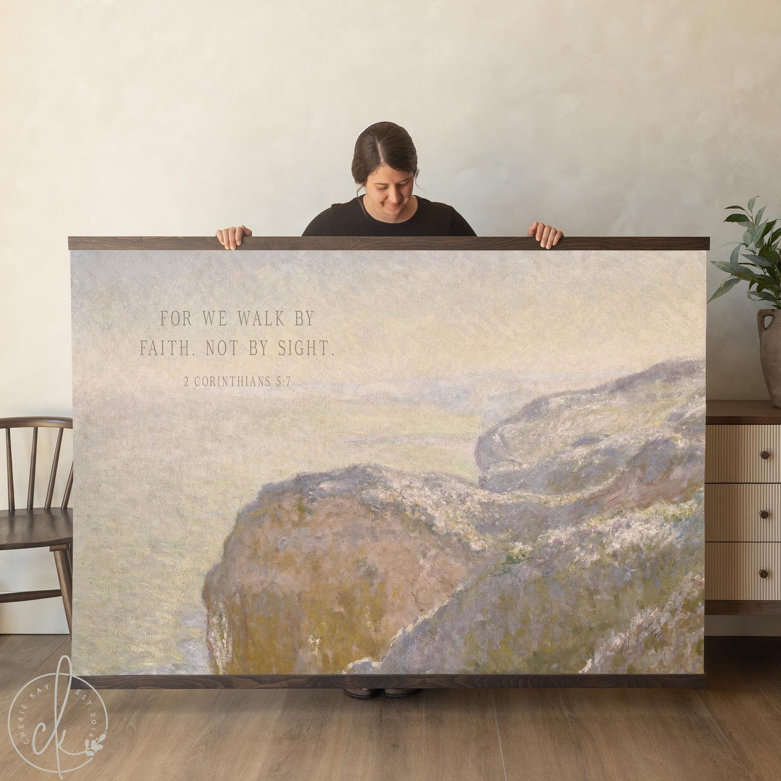 Monet cliff painting of Val-Saint-Nicolas near Dieppe on canvas tapestry with 2 Corinthians 5:7 walk by faith verse text