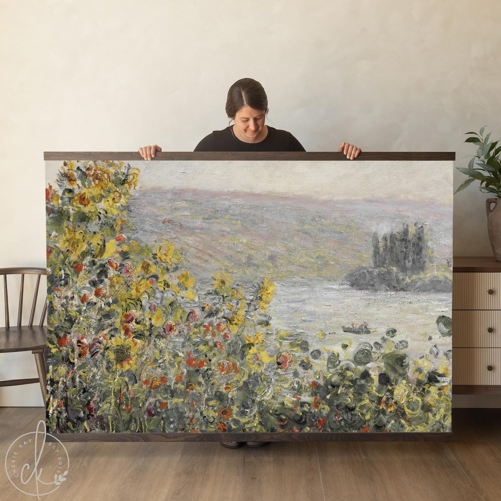 Monet flower painting canvas tapestry of Flower Beds at Vétheuil, yellow sunflowers and red blooms above the Seine.