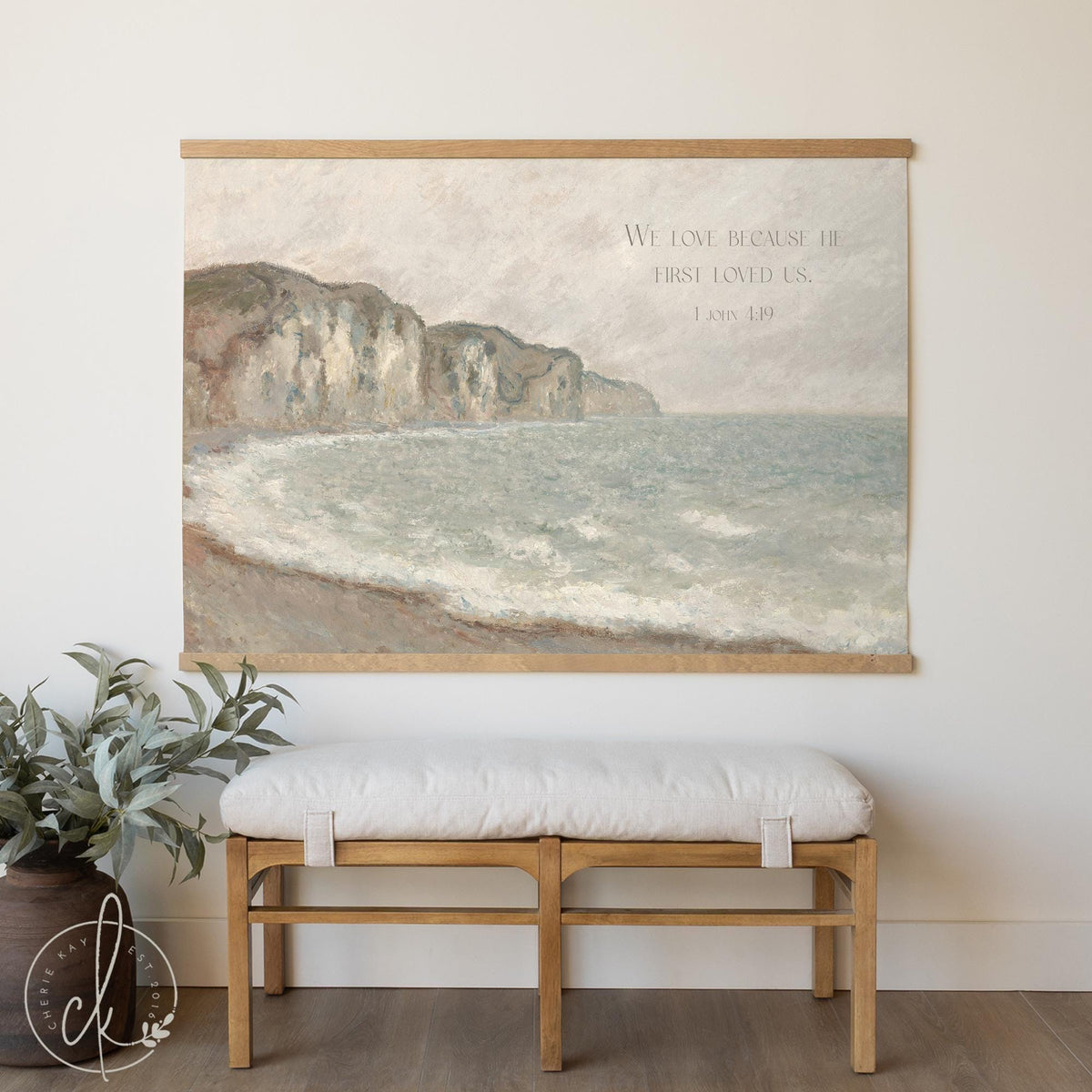 Monet Seascape Canvas Tapestry | 1 John 4:19 Scripture Wall Art | Coastal Impressionist Print | T138