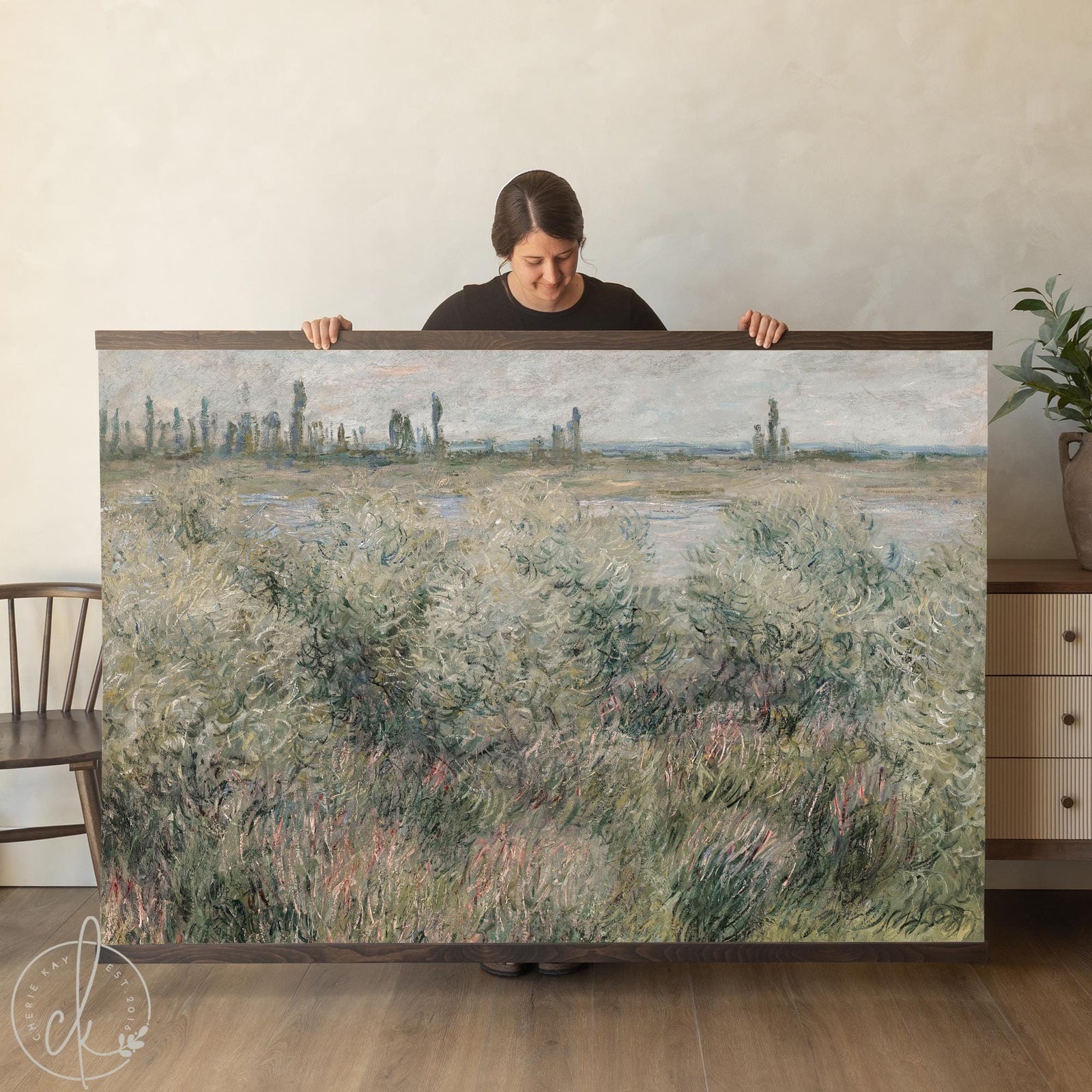 Sage green wall art canvas banner featuring Banks of the Seine near Vétheuil by Claude Monet with natural wood frame