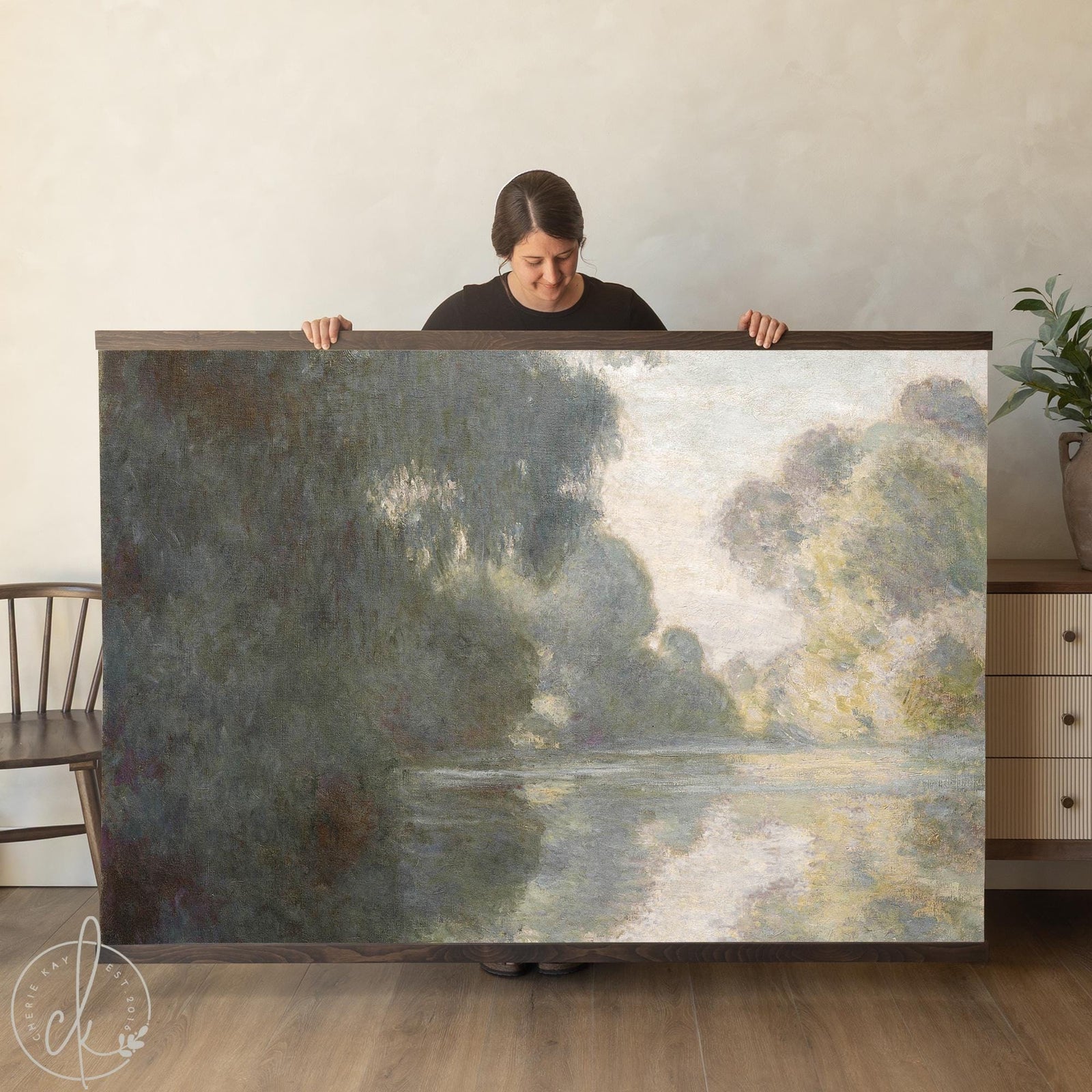 Monet tapestry canvas banner Morning on the Seine near Giverny with misty river and trees.