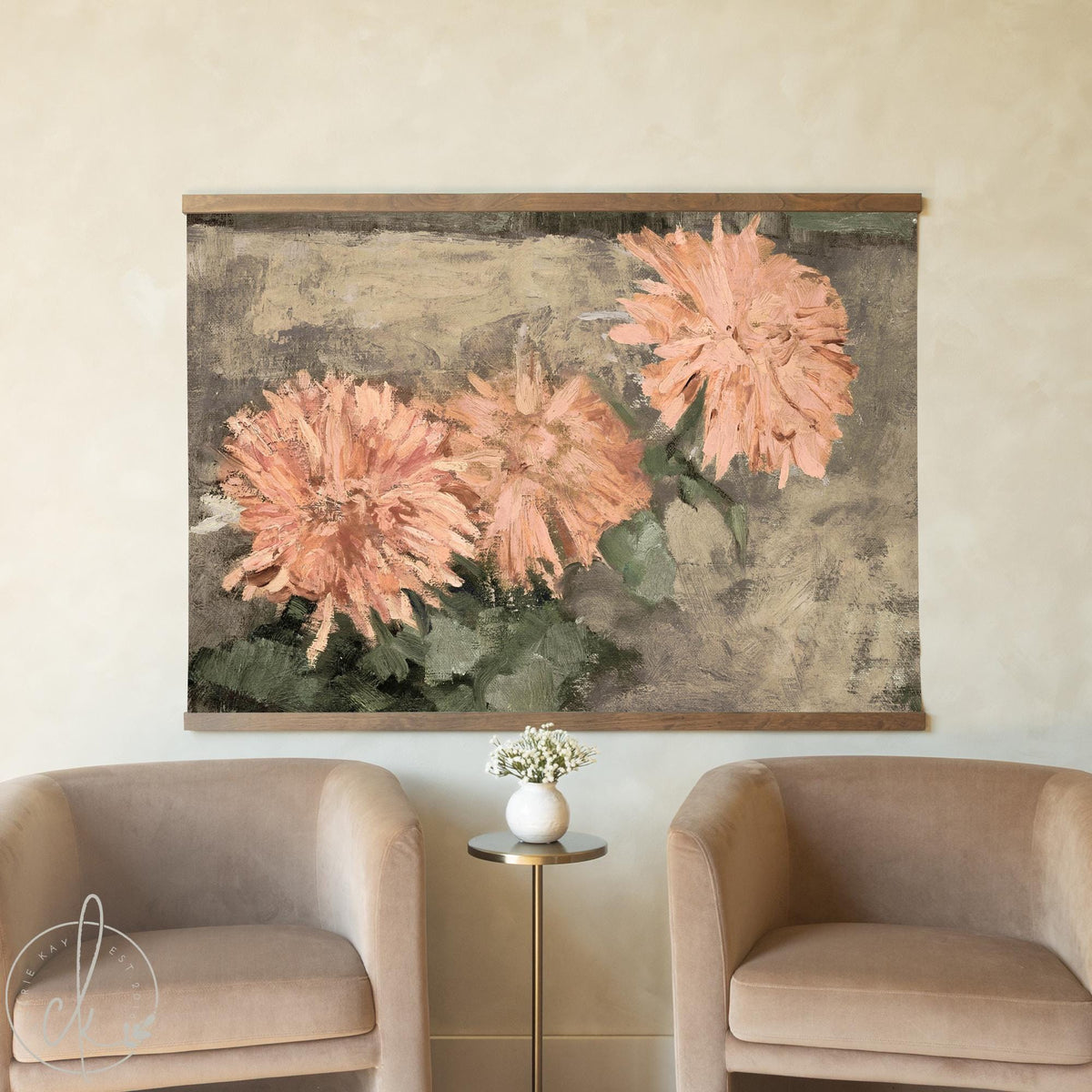 Chrysanthemum Wall Art | Oversized Floral Tapestry | Moody Peach Canvas Banner | T147