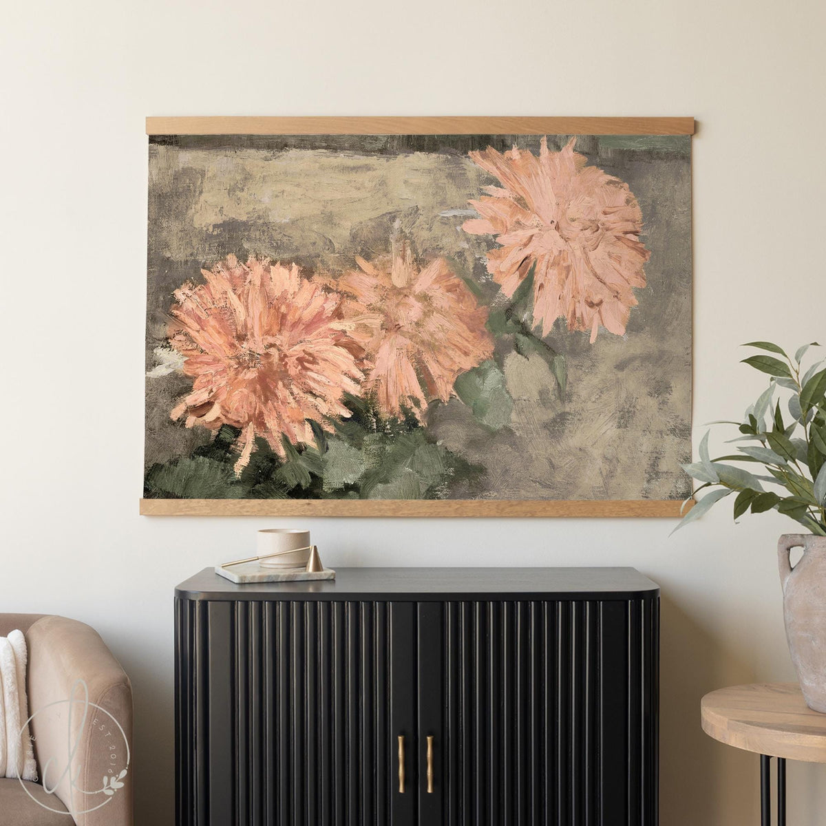 Chrysanthemum Wall Art | Oversized Floral Tapestry | Moody Peach Canvas Banner | T147