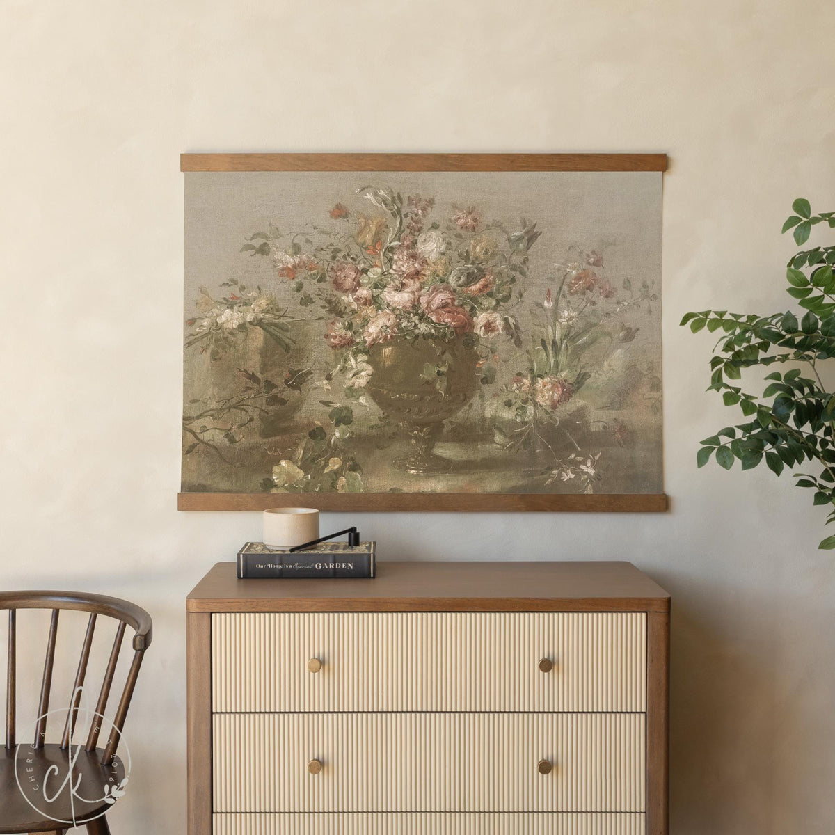 Floral Tapestry | Antique Peony Canvas Banner | Moody Vintage Dining Room Art | T150