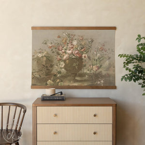 Floral Tapestry | Antique Peony Canvas Banner | Moody Vintage Dining Room Art | T150
