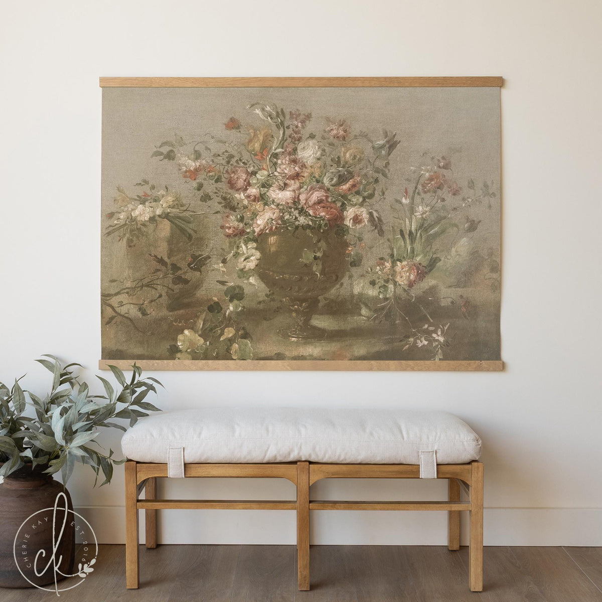 Floral Tapestry | Antique Peony Canvas Banner | Moody Vintage Dining Room Art | T150