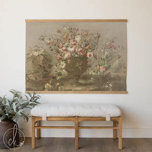 Floral Tapestry | Antique Peony Canvas Banner | Moody Vintage Dining Room Art | T150