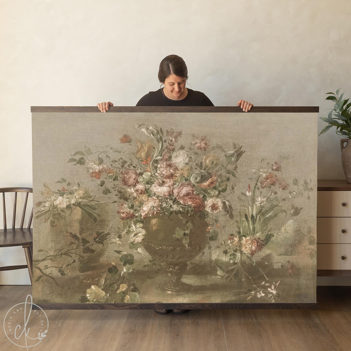 Vintage floral tapestry with a peony and rose bouquet in an ornate urn, finished with a natural wood frame.