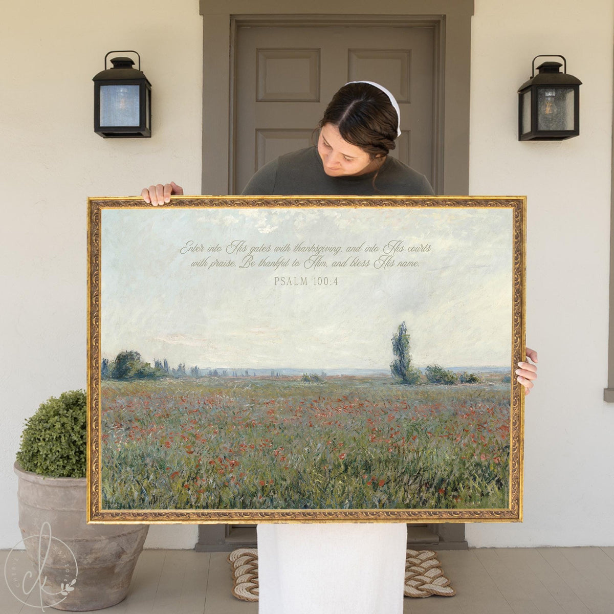Impressionist landscape art of a poppy field with Psalm 100:4 scripture in an ornate gold frame