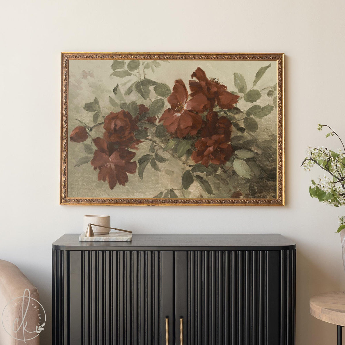 Burgundy Wall Art | Vintage Floral Still Life | Antique Gold Framed Canvas Print | N59
