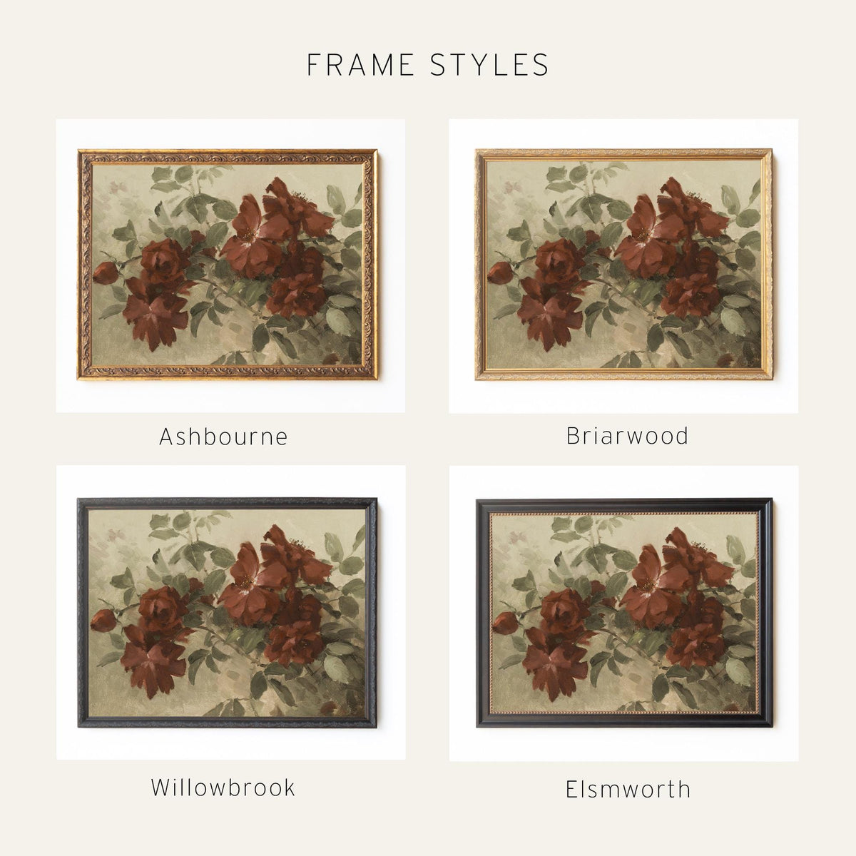 Burgundy Wall Art | Vintage Floral Still Life | Antique Gold Framed Canvas Print | N59