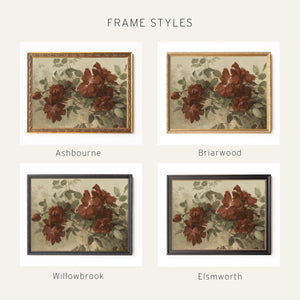 Burgundy Wall Art | Vintage Floral Still Life | Antique Gold Framed Canvas Print | N59