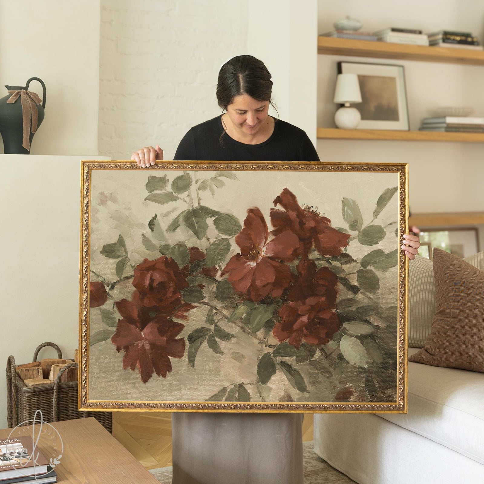 Burgundy wall art featuring large roses in deep red and sage green in an ornate antique gold framed canvas