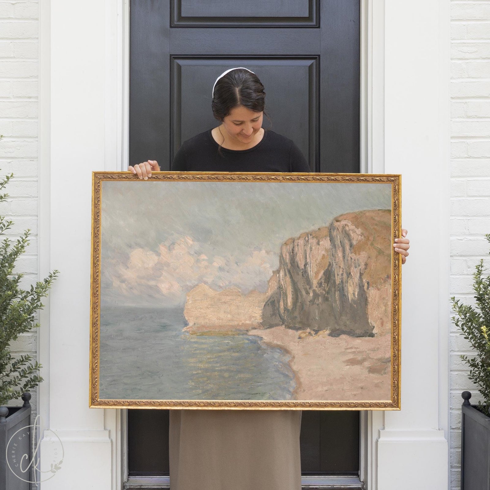 Monet beach painting Etretat cliff and ocean in ornate gold frame