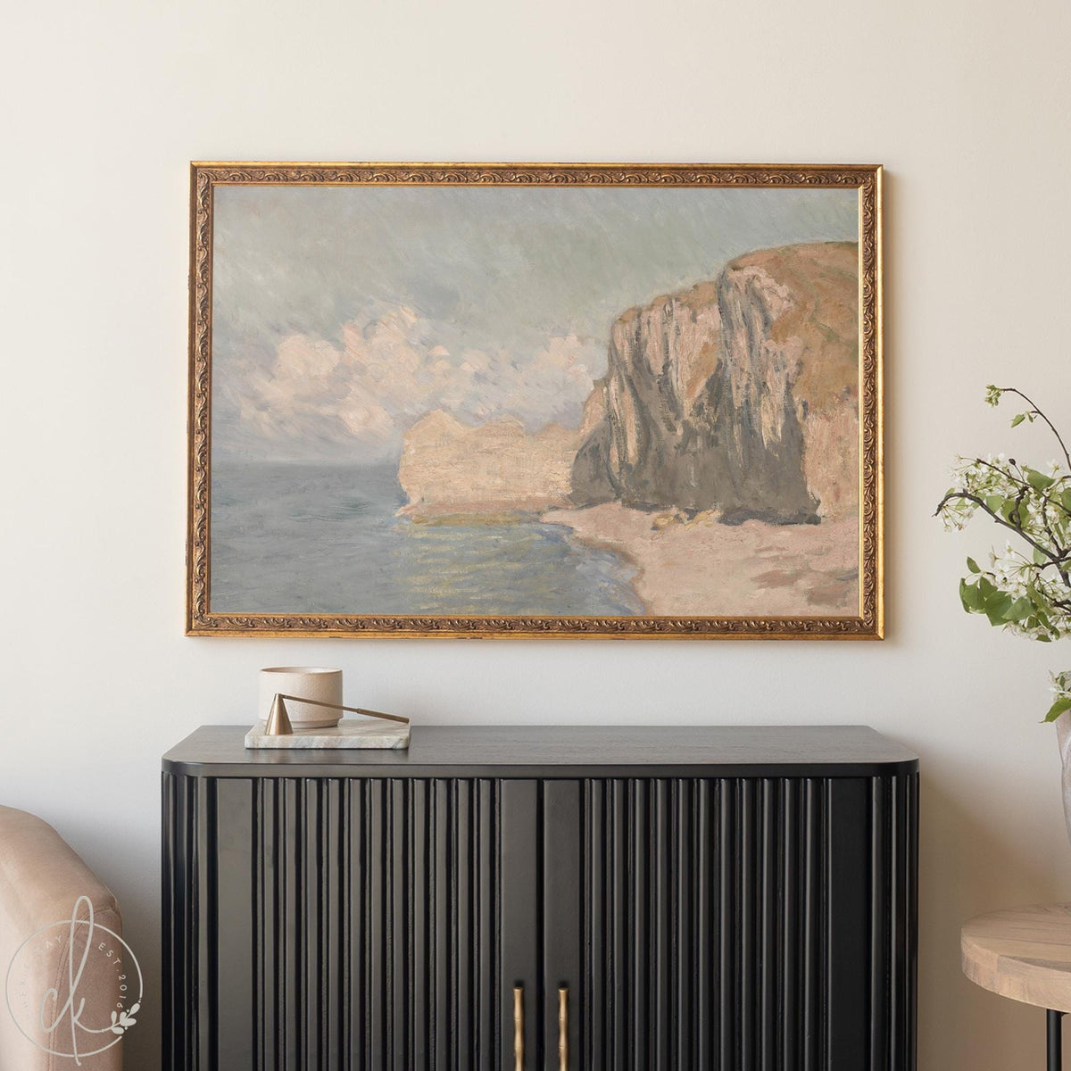 Monet Beach Painting | Etretat Cliff Framed Print | Gold Coastal Wall Art | N246