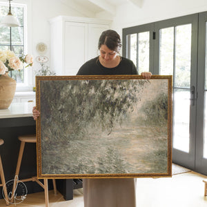 Morning on the Seine Monet framed print with willows over river in ornate gold frame