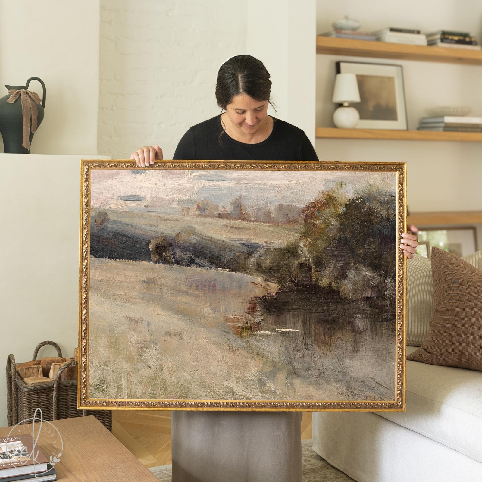 Abstract landscape art reproduction of an impressionist countryside scene in an ornate antique gold frame