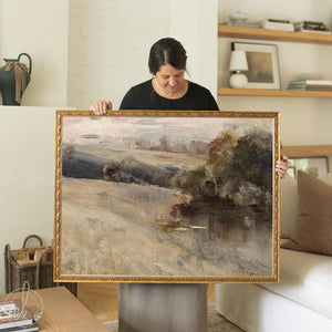 Abstract landscape art reproduction of an impressionist countryside scene in an ornate antique gold frame