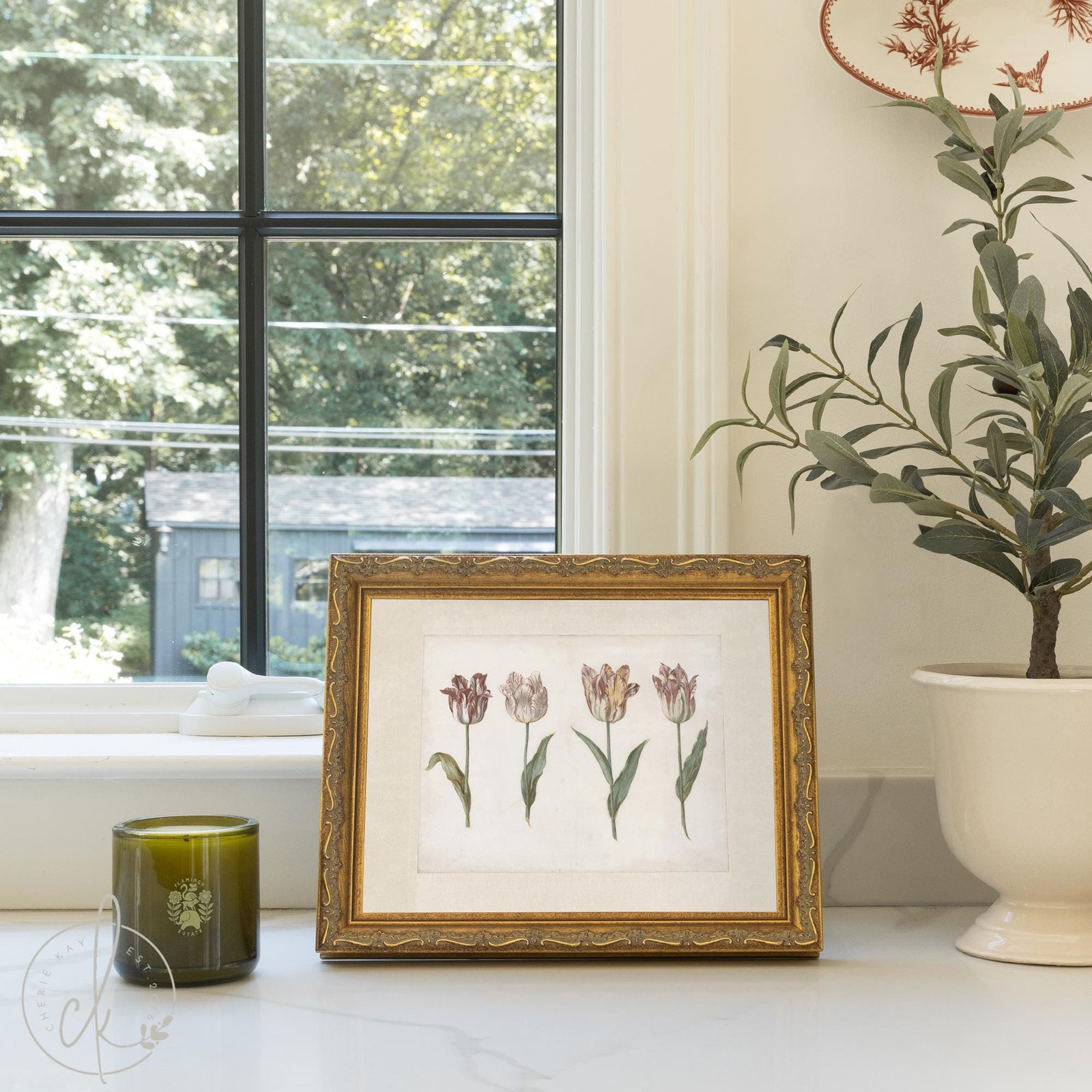 Vintage botanical print featuring four tulips in an ornate antique gold frame, ready to hang
