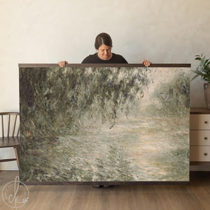 Monet river painting canvas banner with weeping willow over the Seine, finished in a natural wood frame.